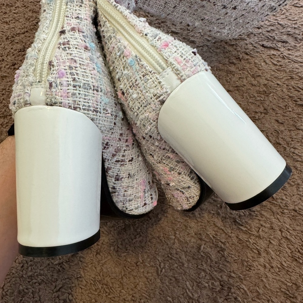 White Tweed Boucle Handmade Boots Pink Blue Knee High Size 35 5 NEW - Picture 4 of 8